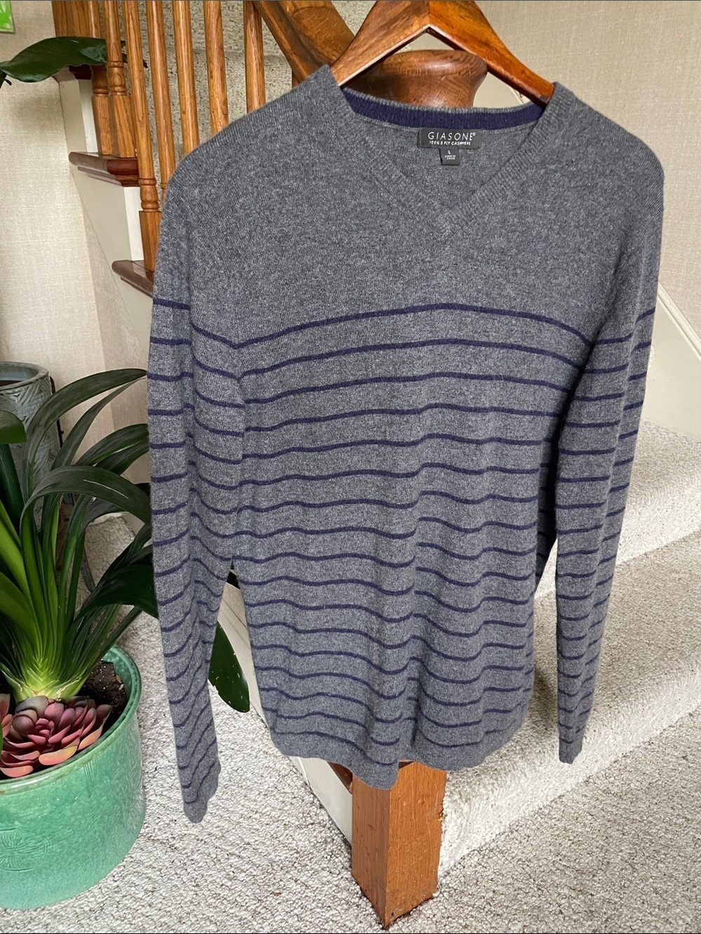 Giasone 100% 2Ply Cashmere Men's Grey V-Neck Striped Sweater